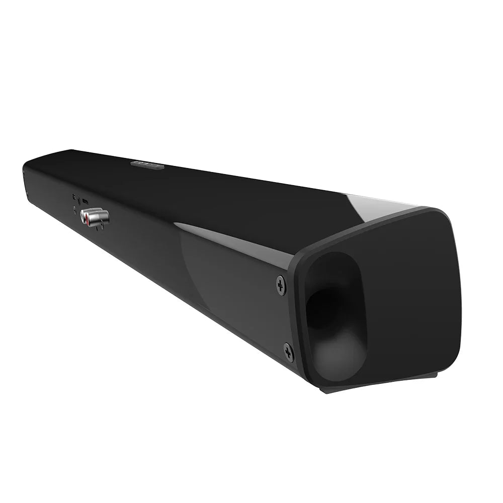 Black glossy wireless bluetooth soundbar bs28b with sleek modern design and visible audio ports for surround sound bar use