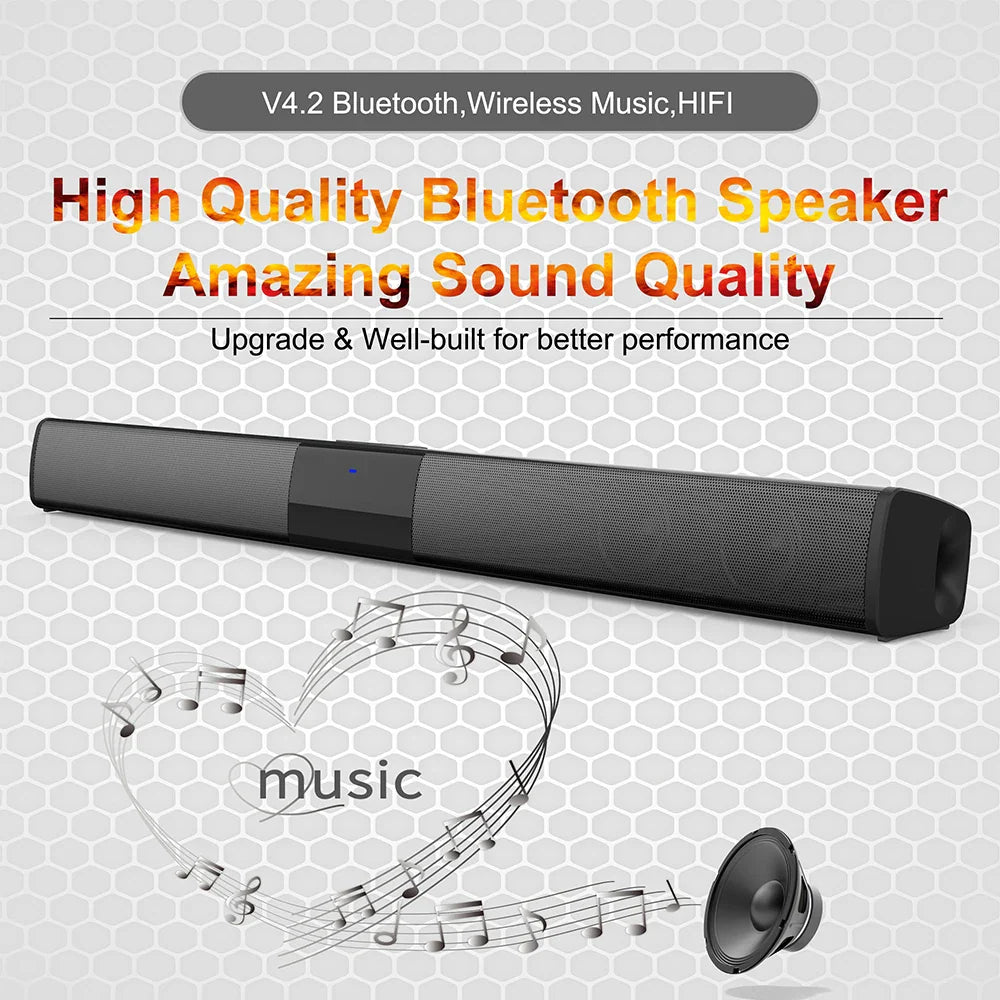 Black rectangular wireless bluetooth soundbar bs28b with textured grille and central control panel for home theater