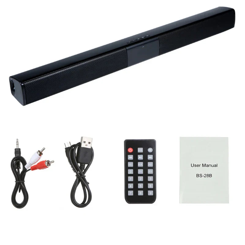 Black textured wireless bluetooth soundbar bs28b with sleek elongated design and integrated control panel for surround sound bar