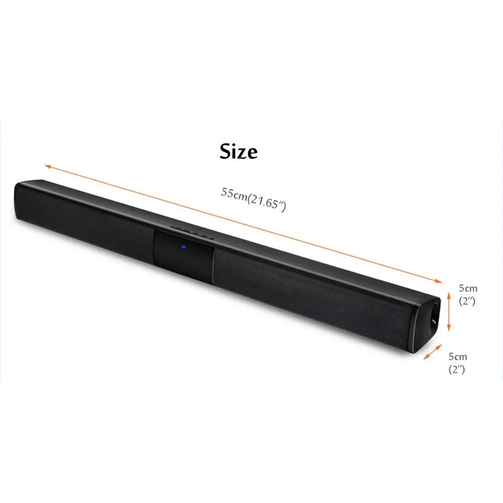 Black rectangular wireless bluetooth soundbar bs28b with matte finish and illuminated blue button for surround sound bar use