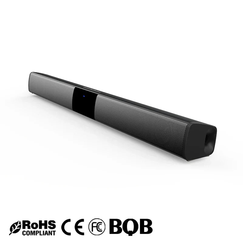 Black rectangular wireless bluetooth soundbar bs28b with textured grille and blue led for surround sound bar system