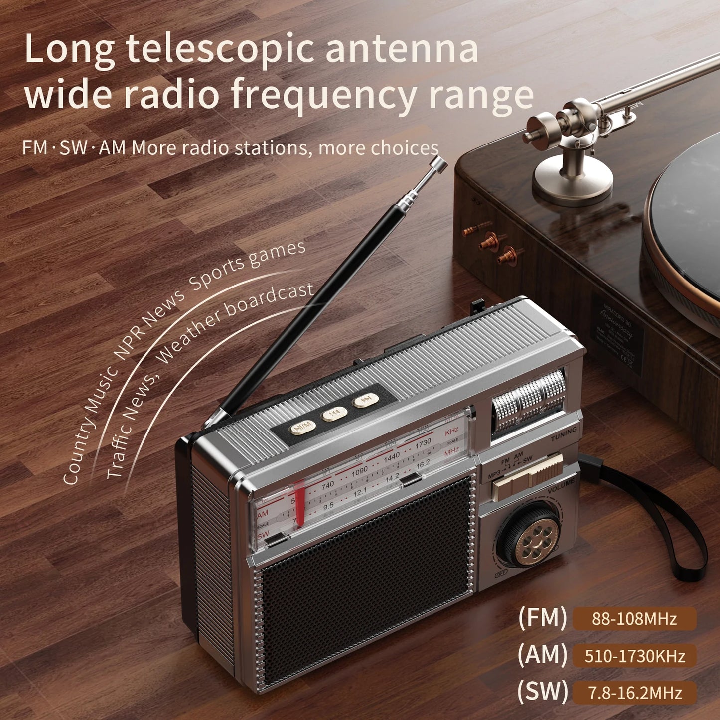 Retro All-Band Radio with Wireless Audio Connectivity, Solar & Multi-Mode Charging, Long-Lasting Battery & Multiple Play Modes