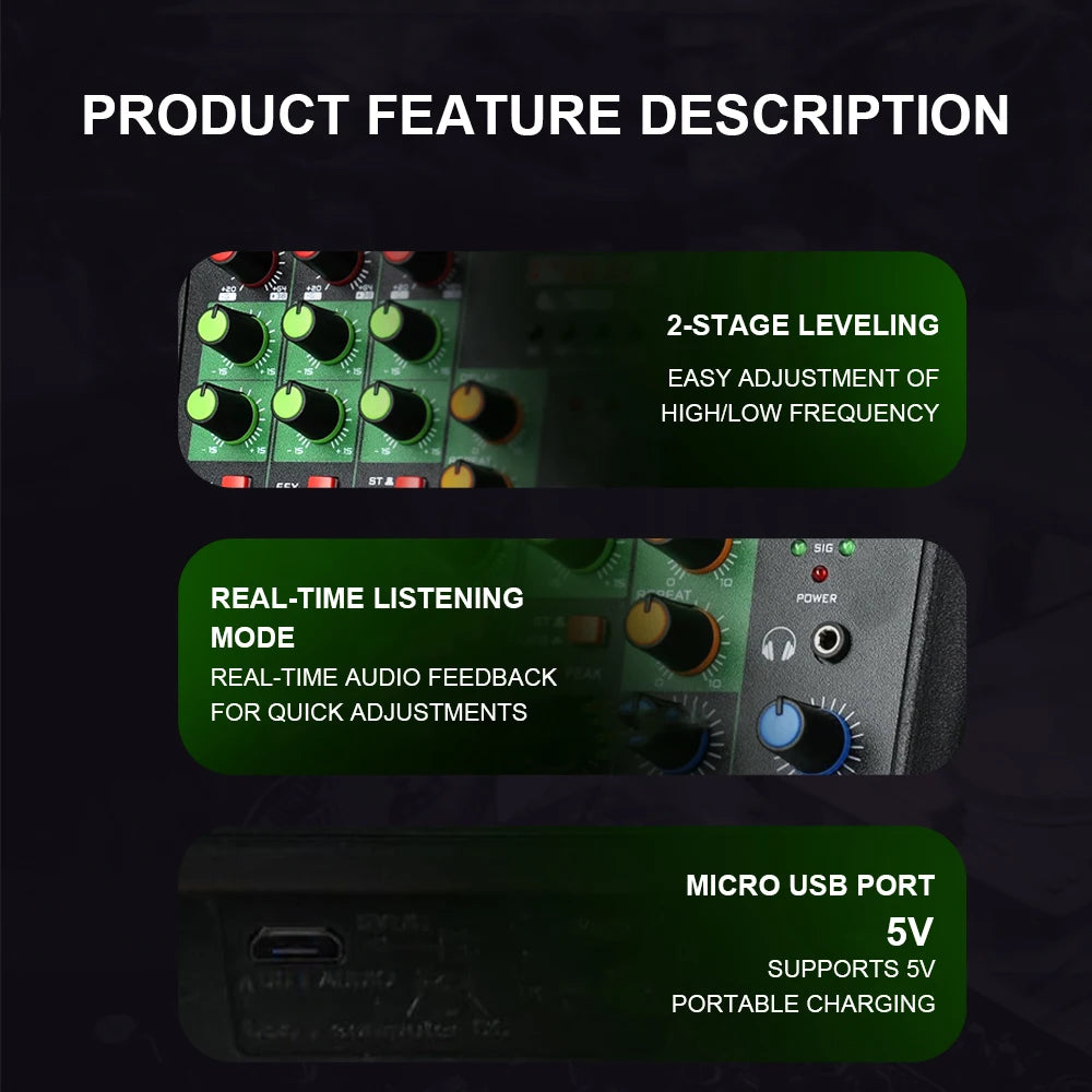 A4 4 Channel Portable Professional Audio Mixer with Bluetooth 48V Phantom,Monitoring Function for DJ Karaoke PC MP3 microphone