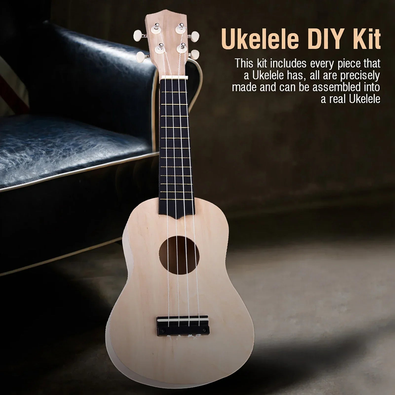 Light-colored 21inch basswood 4 string ukelele diy kit with natural finish and black fretboard accessory basswood ukelele