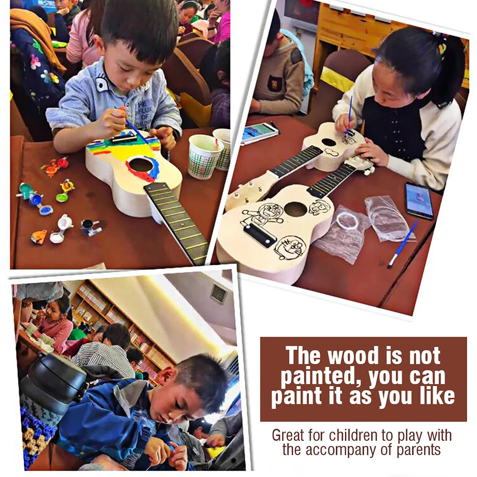 White wooden 21inch basswood basswood ukelele diy kit with cartoon decals for children painting activities accessory basswood ukelele