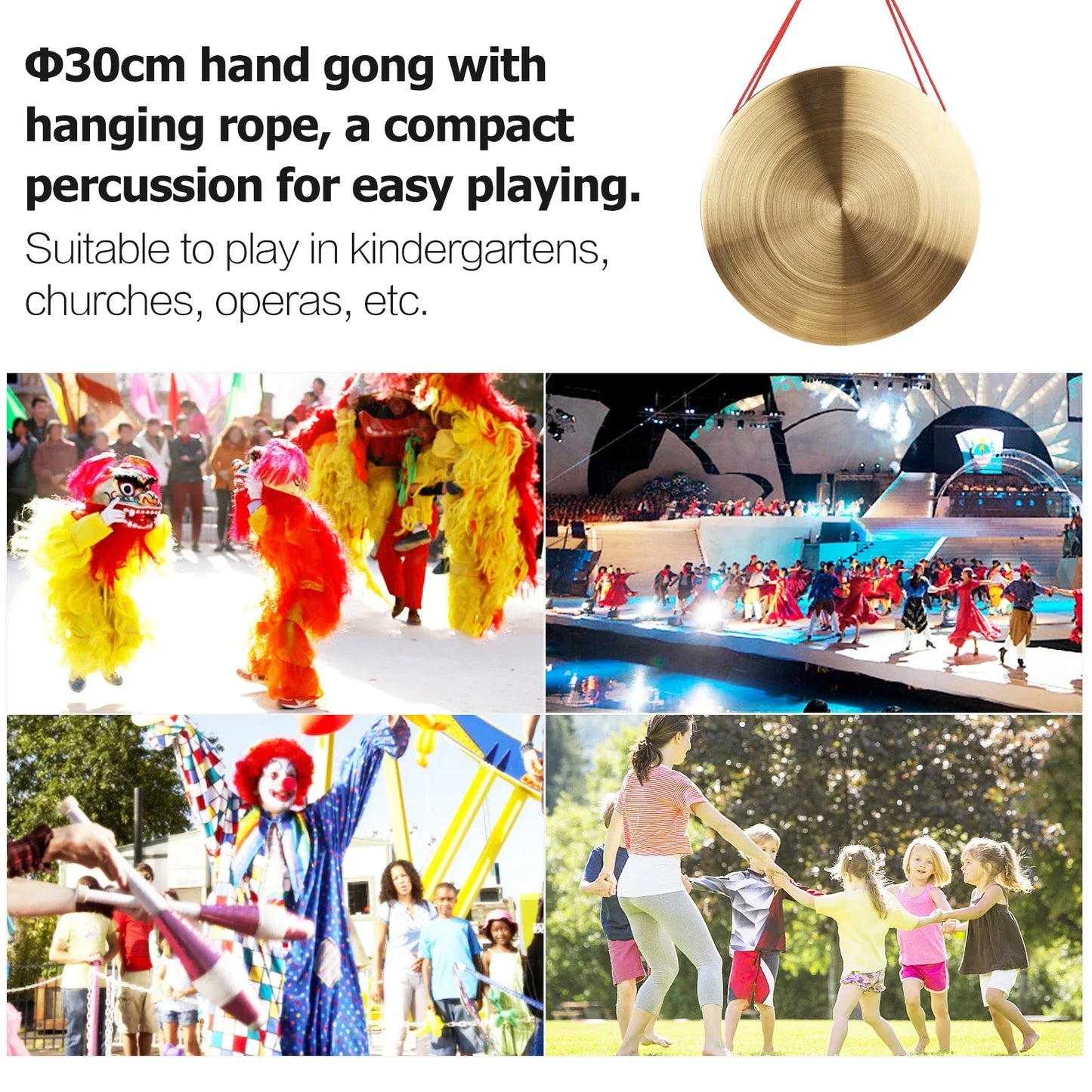 A golden copper hand gong cymbals with hanging rope designed for chapel opera percussion and easy play