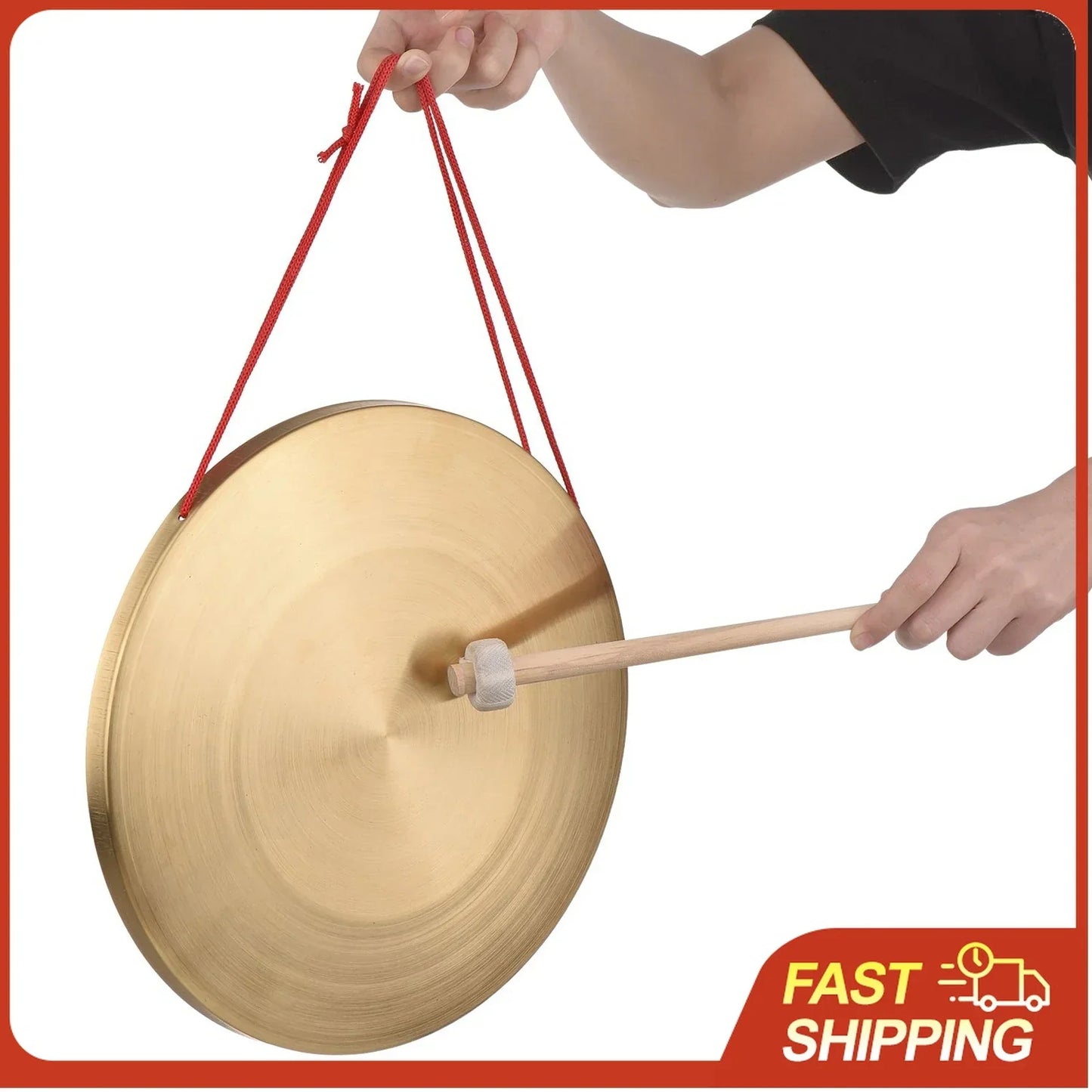 Golden brass hand gong cymbals suspended by red cords struck with wooden mallet for chapel opera percussion use