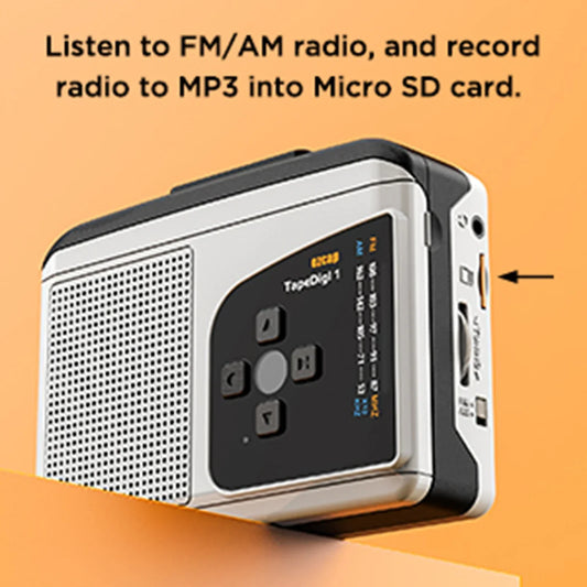 Silver and black cassette tape player with perforated speaker grille sd card slot and converter sound recorder functions