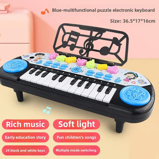 Blue and black multifunctional piano keyboard interactive toy with colorful animal buttons and demo song musical feature for early education tool