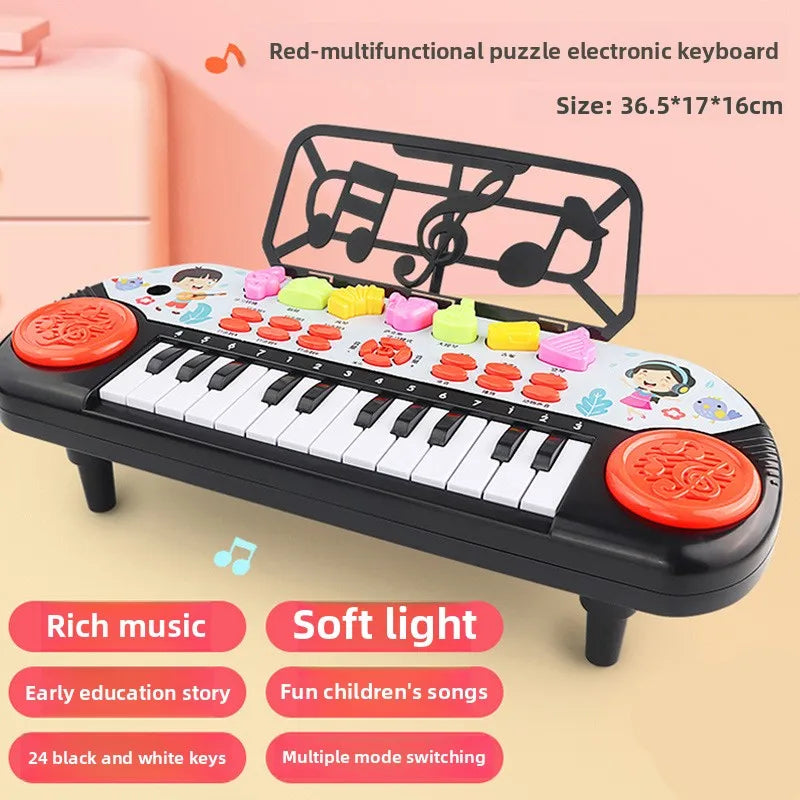Red and black 24 keys piano keyboard interactive toy with colorful animal buttons and demo song musical stand for early education tool