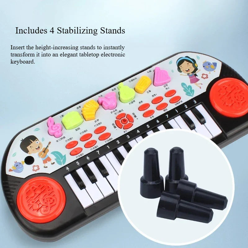 Black and white piano keyboard interactive toy with colorful buttons and demo song musical features for early education tool