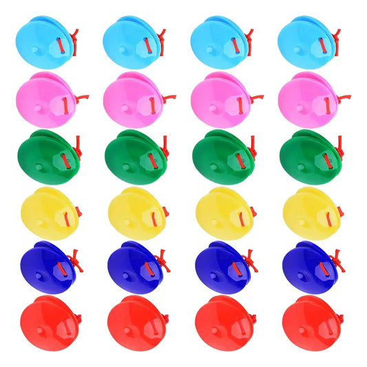 Brightly colored plastic finger castanets rhythm toys in blue pink green yellow and red for preschool musical percussion use