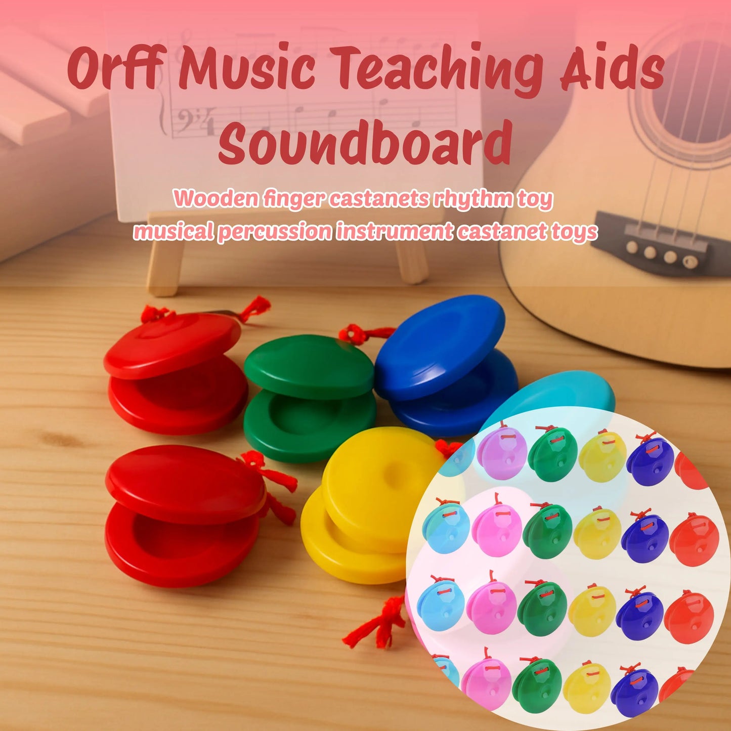 Colorful wooden finger castanets rhythm preschool musical percussion instruments toys in red green blue yellow and more