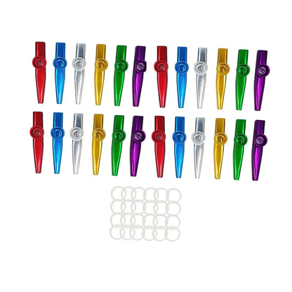 A set of 24 colorful metal kazoos made from aluminum alloy package includes red blue silver gold green and purple for beginners