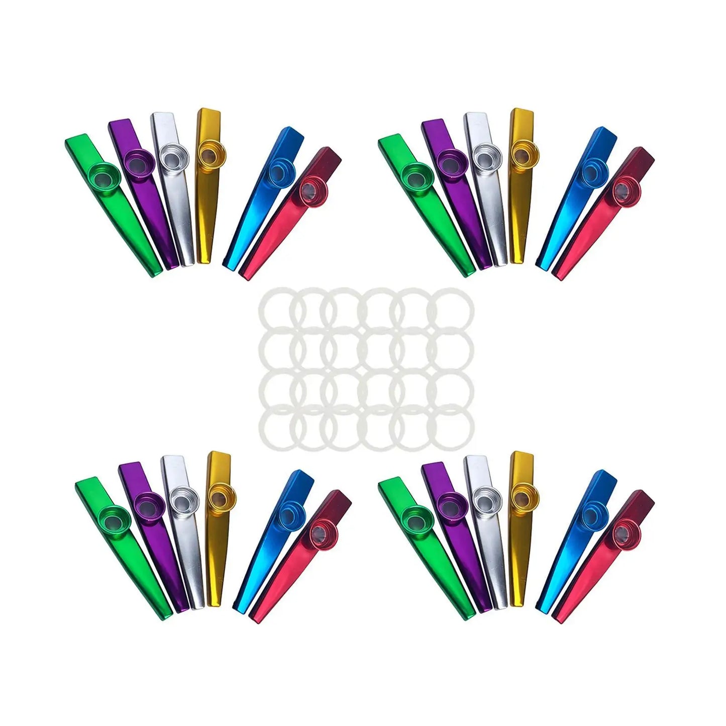 A set of 24 colorful metal kazoos in aluminum alloy finishes package includes vibrant green purple gold blue red and silver tones