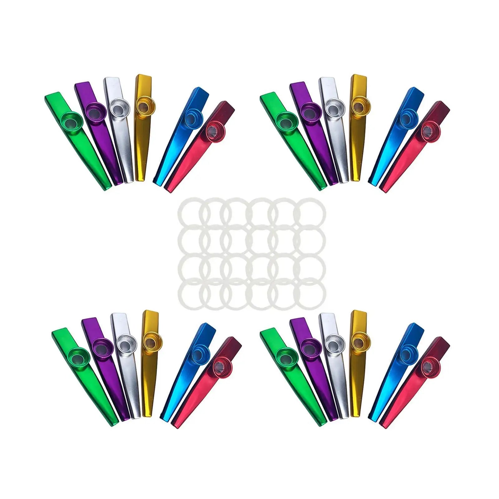 A set of 24 colorful metal kazoos in aluminum alloy package includes vibrant green purple gold blue red and silver finishes
