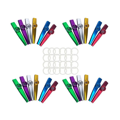 A set of 24 colorful metal kazoos in aluminum alloy package includes vibrant green purple gold blue red and silver finishes