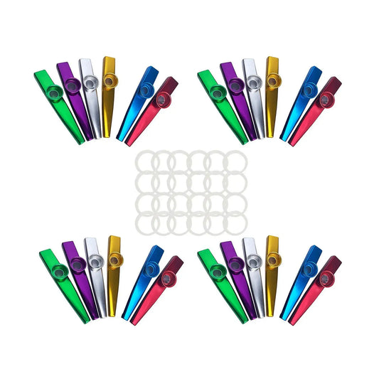 A set of 24 colorful metal kazoos in aluminum alloy package includes vibrant green purple gold blue red and silver finishes