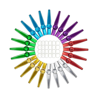 A set of 24 colorful metal kazoos made of aluminum alloy arranged in a circle package includes assorted hues for beginners