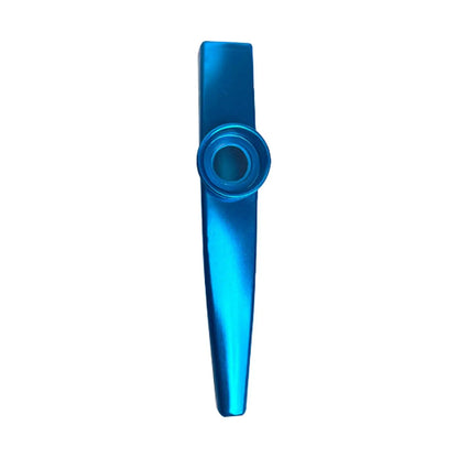 A sleek metallic blue metal kazoo with a circular mouthpiece included in a 24 pieces package for beginner flute diaphragms