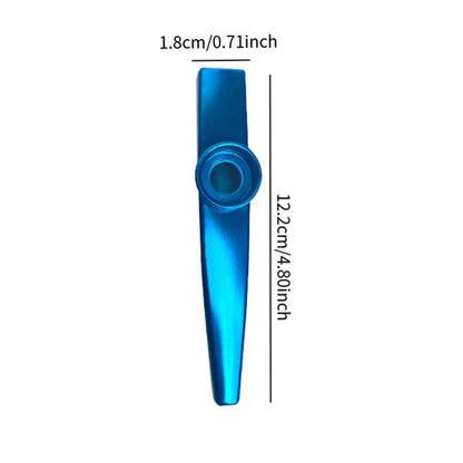 A sleek metallic blue plastic kazoo with a circular mouthpiece from a 24 pieces metal kazoos package includes aluminum alloy options