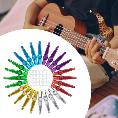 A vibrant circular arrangement of 24 colorful metal kazoos made from aluminum alloy package includes various hues for beginners