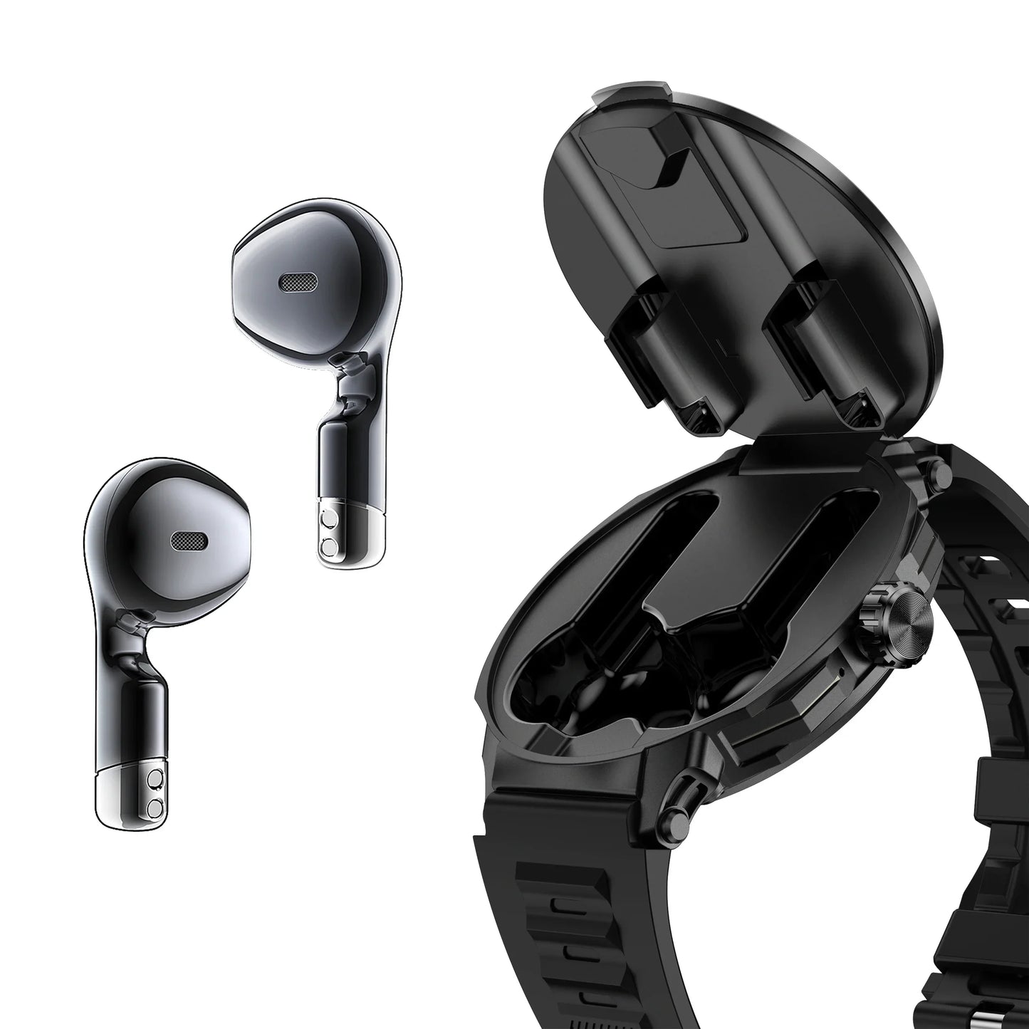 Black tws bt d11 wireless earbuds with metallic accents sit beside a matching black charging case for communication sports mode