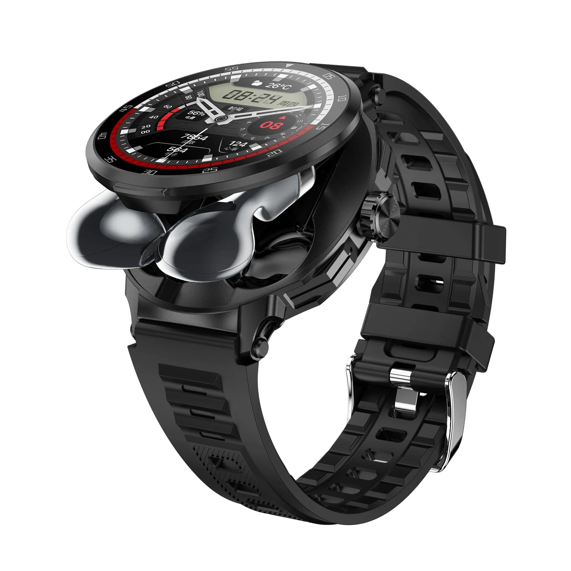 Black tws bt d11 smartwatch with earphone wireless communication, sporty rubber straps, metallic accents, and communication sports mode