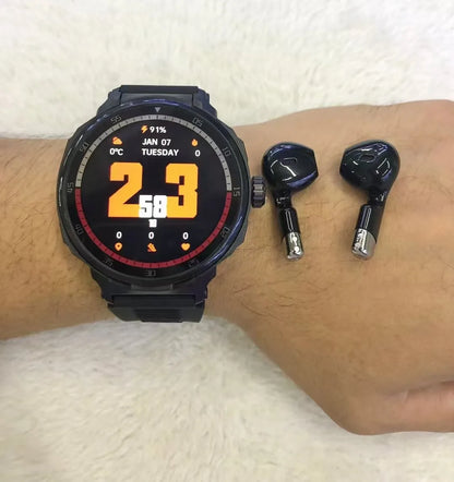 Black tws bt d11 smartwatch with circular orange digital display and matching black earphone wireless communication earbuds