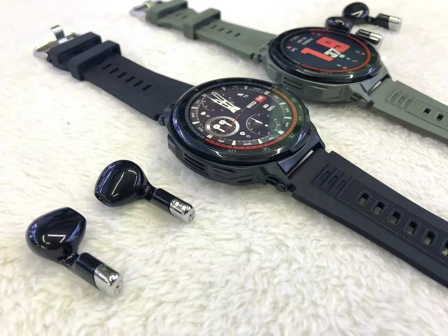 Black tws bt d11 smartwatch with circular analog dial red accents textured rubber strap earphone wireless communication sports mode