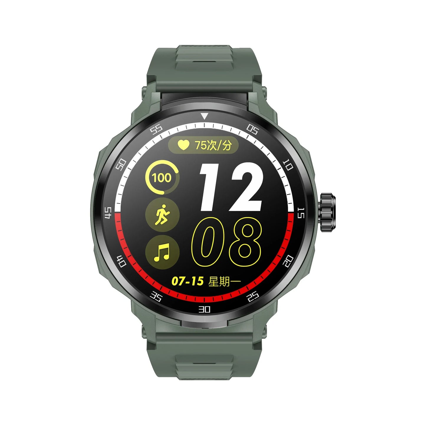 Olive green silicone tws bt d11 smartwatch with black circular face featuring communication sports mode and earphone wireless communication