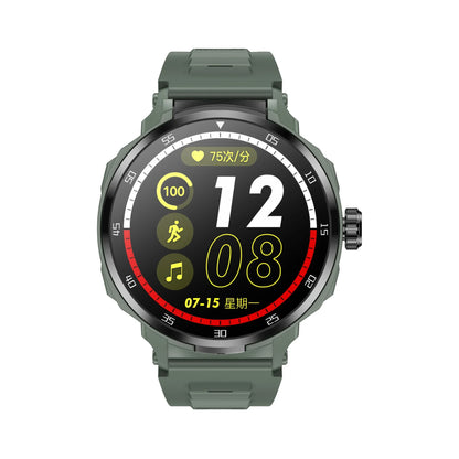 Olive green silicone tws bt d11 smartwatch with black circular face featuring communication sports mode and earphone wireless communication