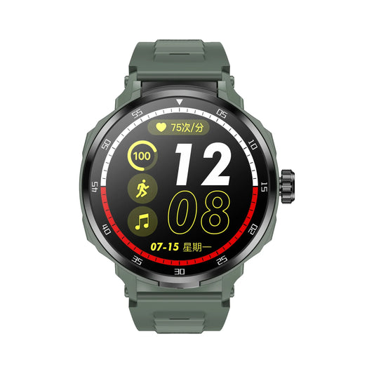 Olive green silicone tws bt d11 smartwatch with black circular face featuring communication sports mode and earphone wireless communication