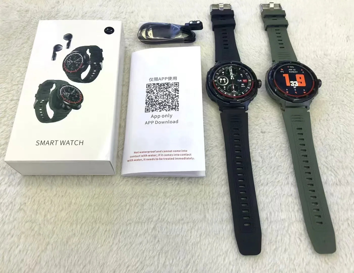 Two tws bt d11 smart call watches with black and olive green silicone straps featuring communication sports mode and earphone wireless communication