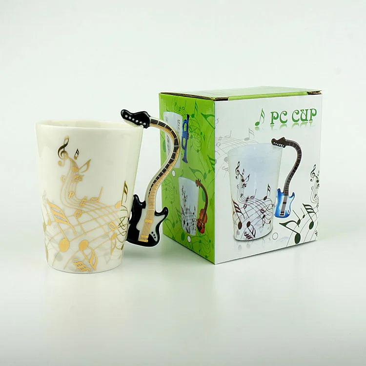 240ml creative music ceramic mug guitar style with white body, black guitar handle, and gold musical note decals