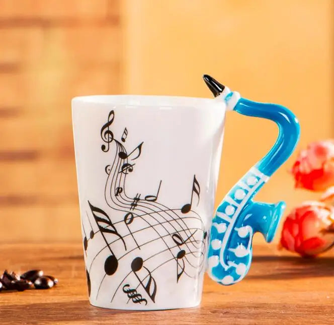240ml creative music ceramic mug with a blue saxophone handle and black musical notes for coffee or milk use