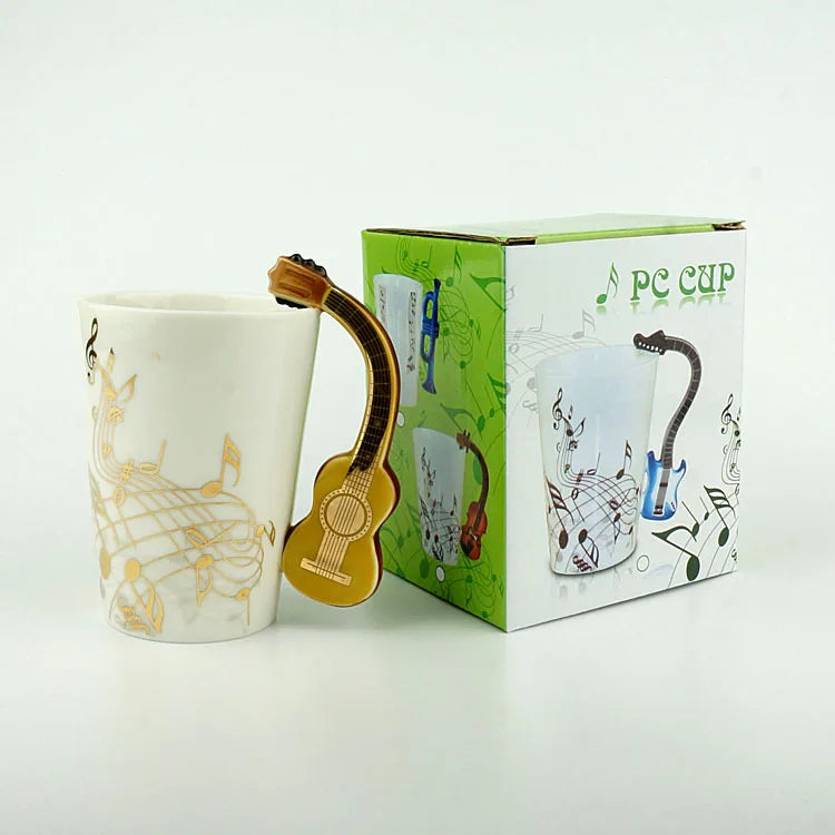 White ceramic 240ml creative music mug with gold musical note and guitar handle for coffee tea milk stave mugs