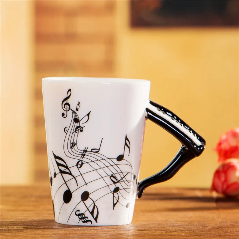 240ml creative music white ceramic mug with black musical notes and glossy black violin bow handle for coffee tea milk