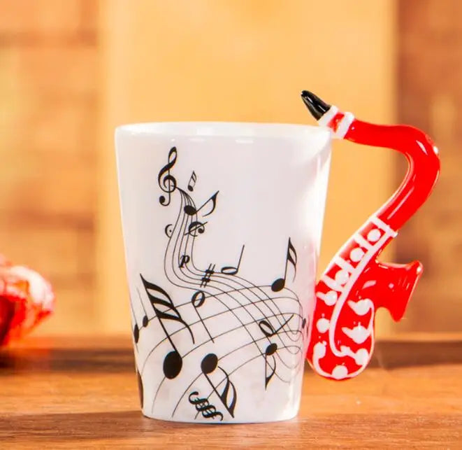 240ml creative music ceramic mug with a vibrant red saxophone handle and black musical notes milk stave design