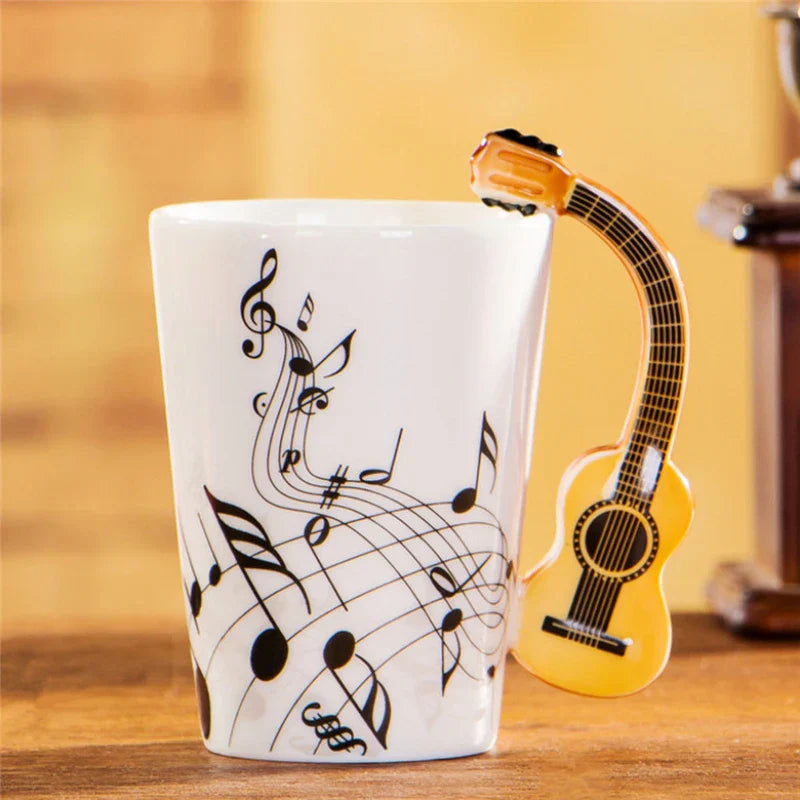 240ml creative music ceramic mug guitar with white body black musical note design and yellow guitar-shaped handle