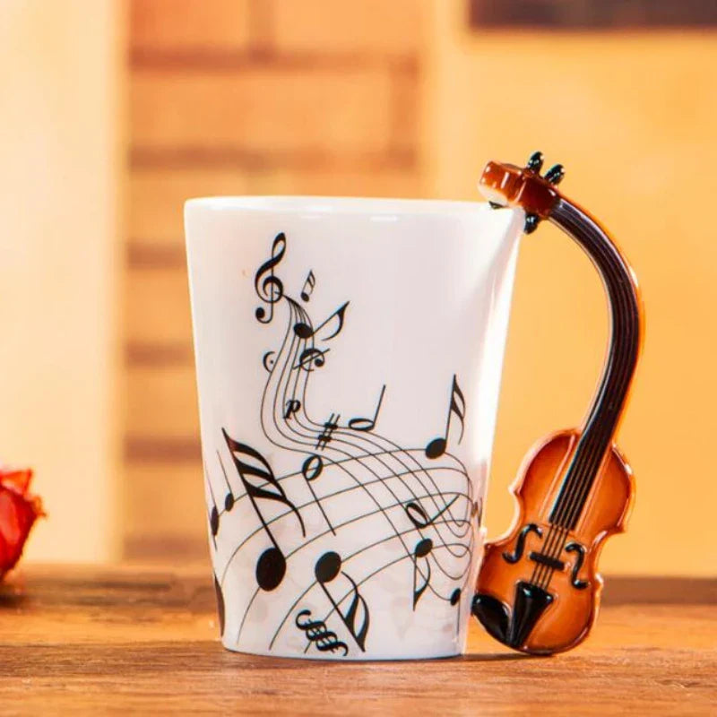 White ceramic 240ml creative music mug with black musical note and miniature violin handle for coffee tea milk