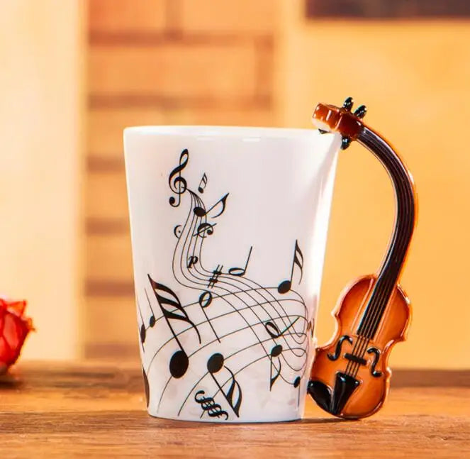 240ml creative music ceramic mug featuring a white body, black musical note design, and violin-shaped handle