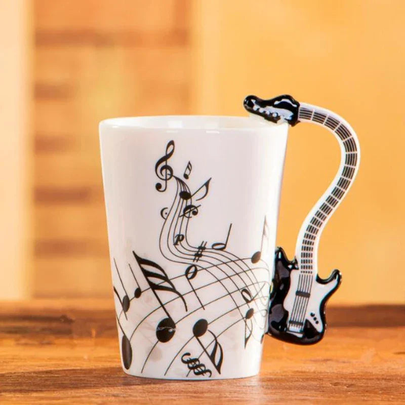 White ceramic 240ml creative music mug with black ceramic mug guitar handle and printed musical notes as milk stave mugs