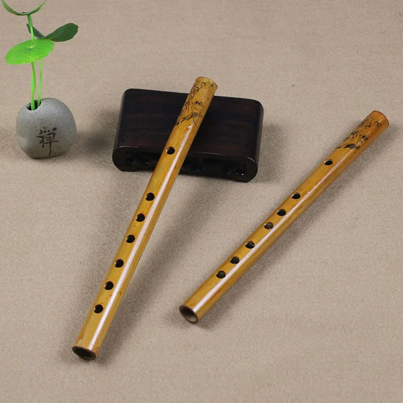 Two 24cm chinese traditional holes bamboo flute clarinet student elementary instruments with floral engravings and finger holes