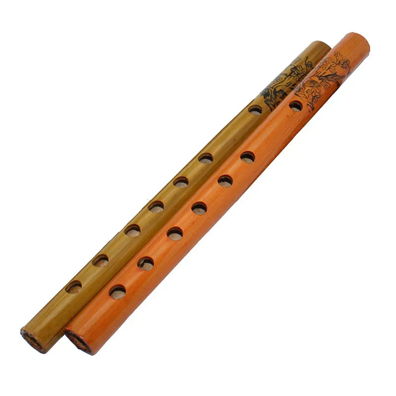 Two hand-carved 24cm chinese traditional bamboo flutes with six holes and intricate floral engravings for clarinet student elementary use