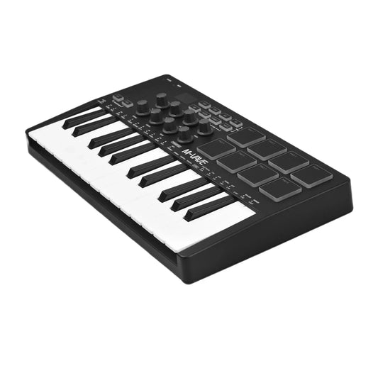 Black m-audio 25-key midi control keyboard with velocity sensitive keys rgb backlit pads and mini portable usb design