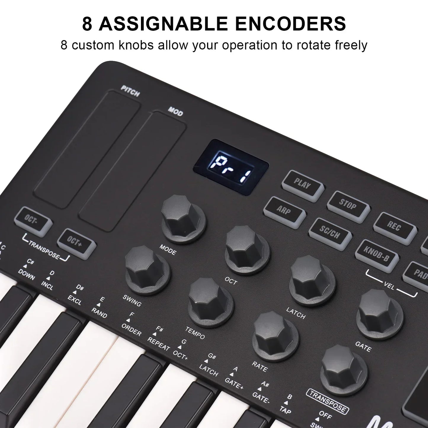 Black 25-key midi control keyboard with velocity sensitive keys and 8 rgb backlit pads mini portable usb design