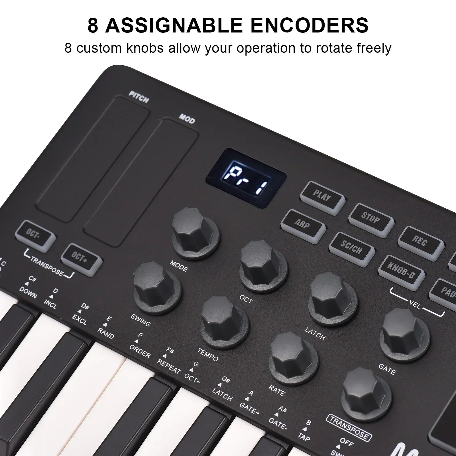 Black 25-key midi control keyboard with velocity sensitive keys and 8 rgb backlit pads mini portable usb design