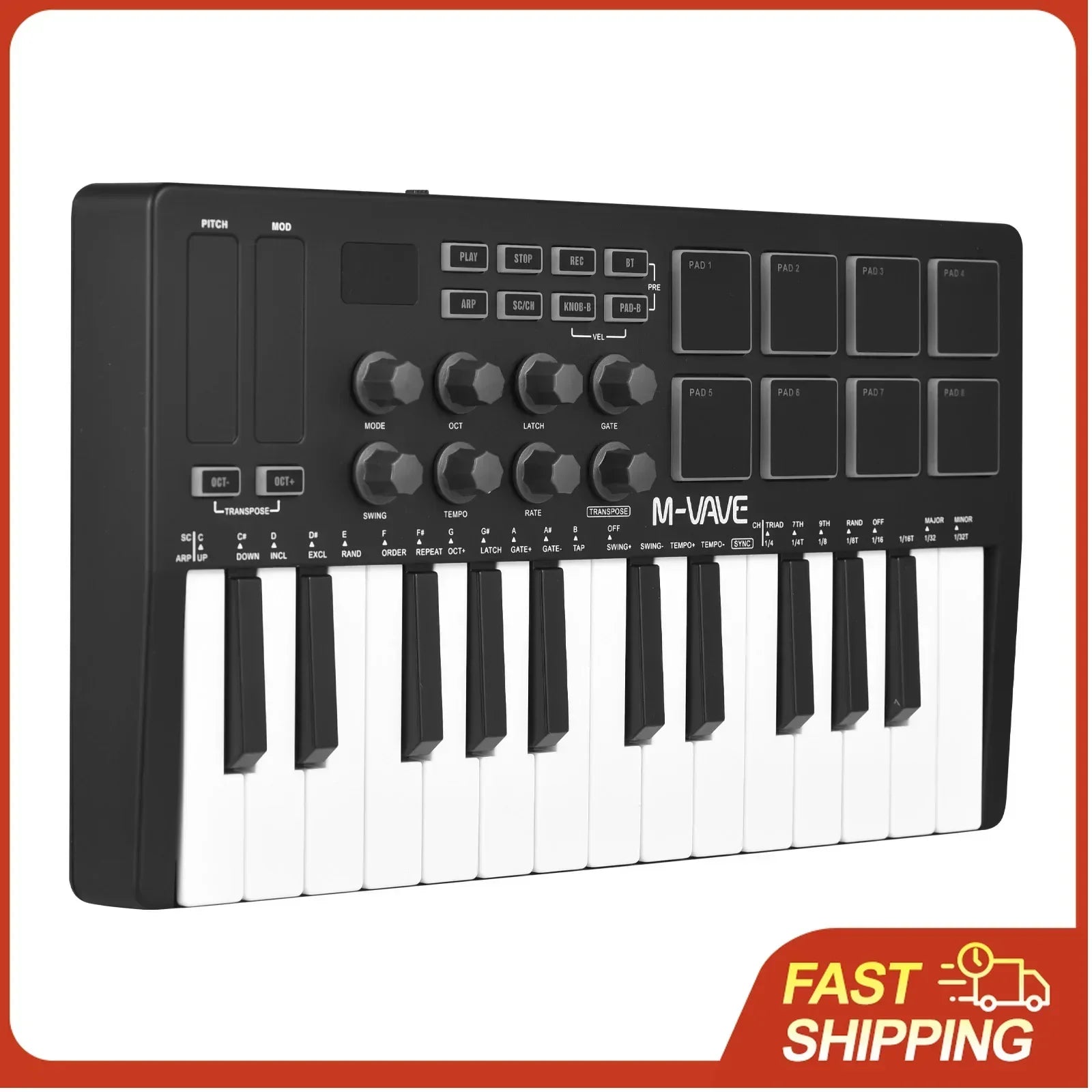 Black 25-key midi control keyboard with white velocity sensitive keys rgb backlit pads and mini portable usb design