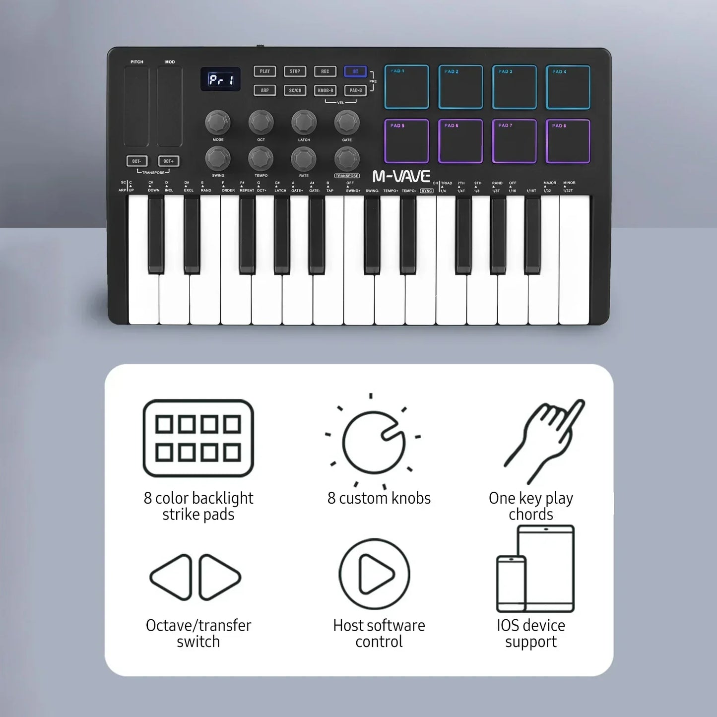 Black and white m-wave midi controller with 25 velocity sensitive keys and colorful rgb backlit pads mini portable usb device